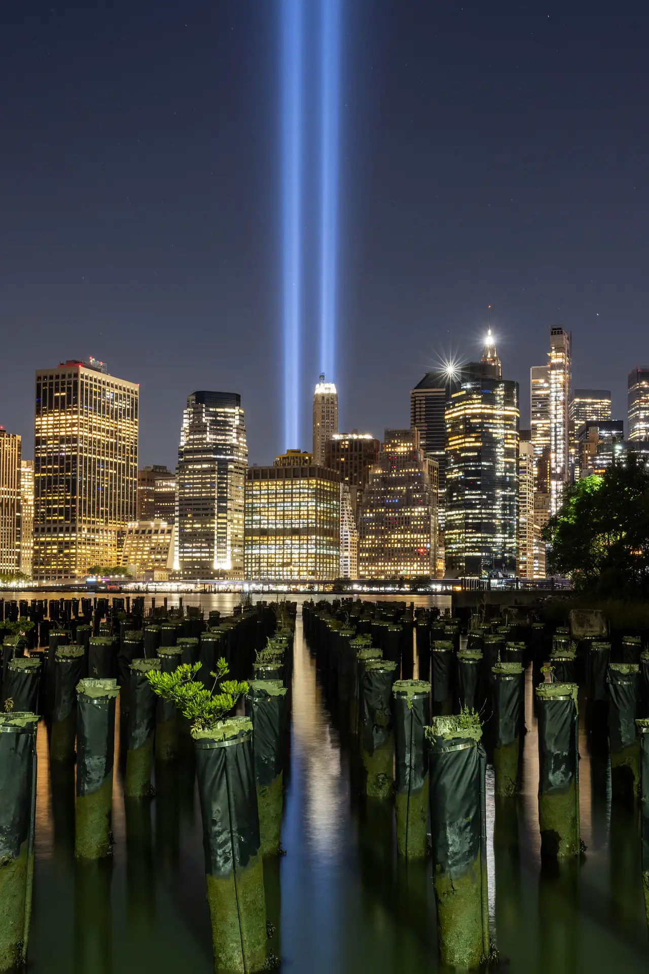 Fine-art photograph, “Lower Manhattan and 9/11 Tribute Lights Reflections, Bay Haze - _FIV8436.JPG,” from the New York City collection.