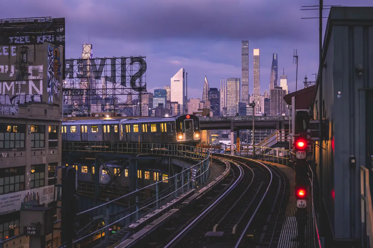 Fine-art photograph, “New York Subway Curve and Midtown Skyline - _FIV8604.JPG,” from the New York City collection.