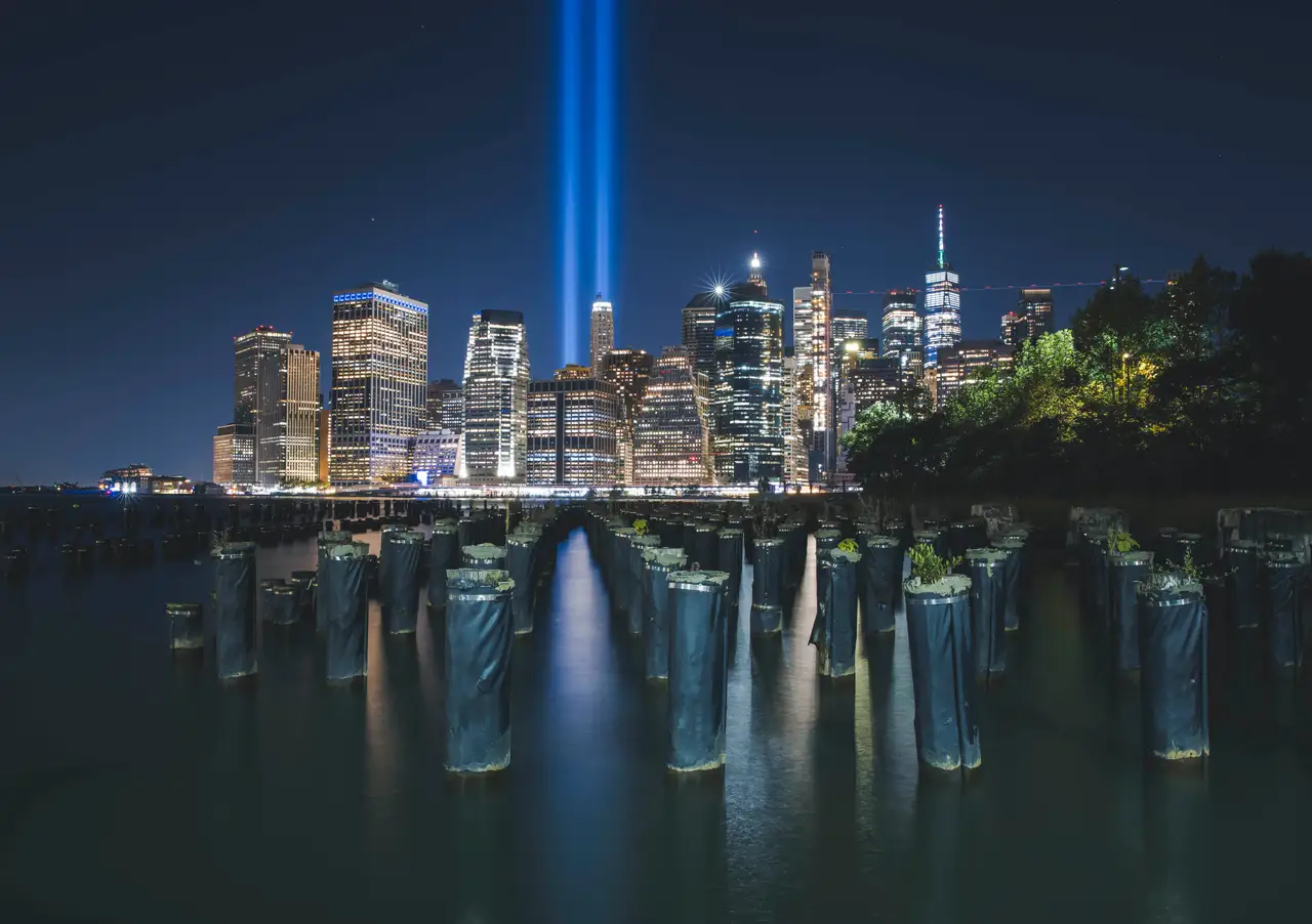 Fine-art photograph, “9/11 Tribute Lights Across the East River, Streetlight Current - RFIV2875.JPG,” from the New York City collection.