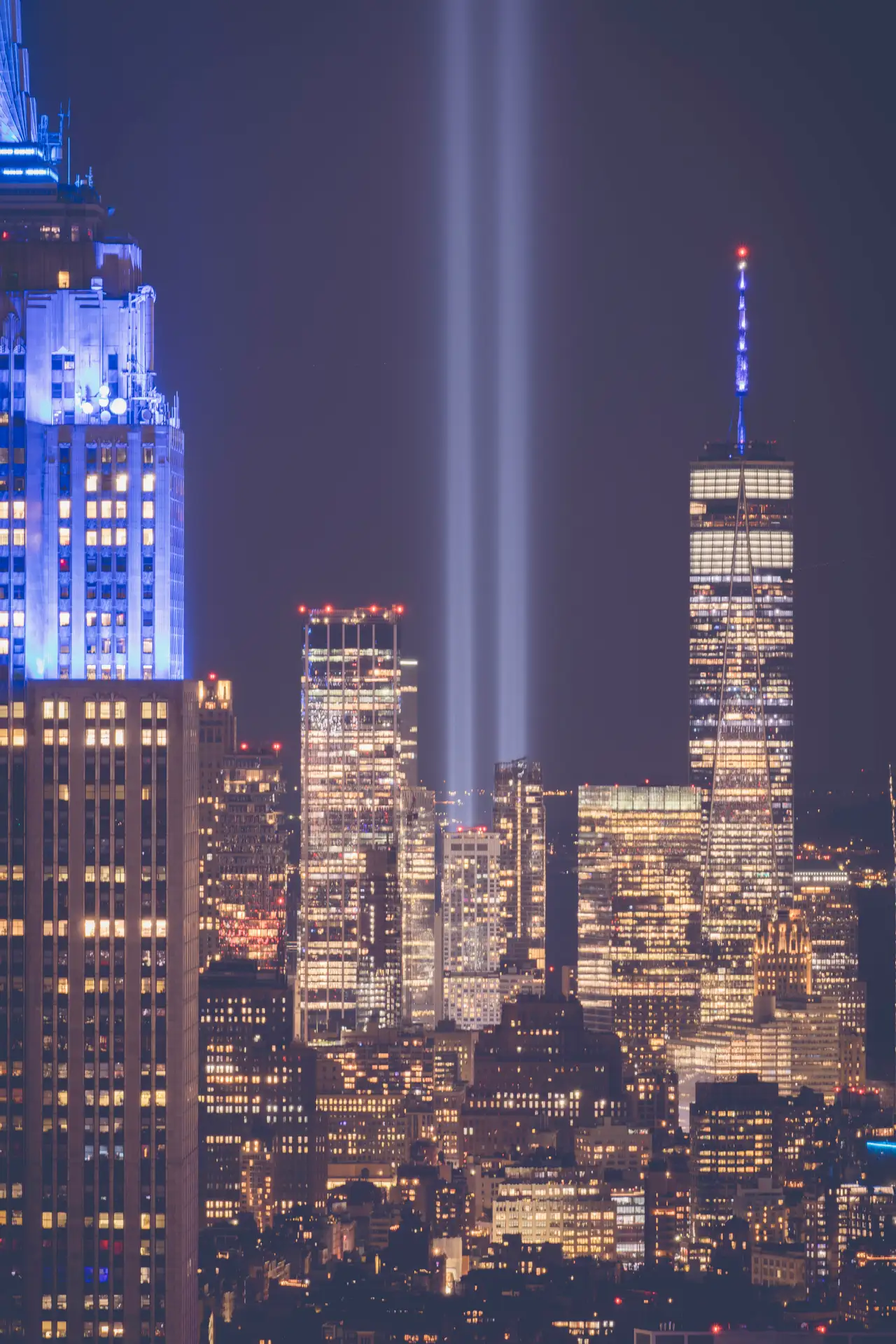 Fine-art photograph, “9/11 Tribute Lights Above Lower Manhattan, Concrete and Sky - 9.11RFIV3309.JPG,” from the New York City collection.