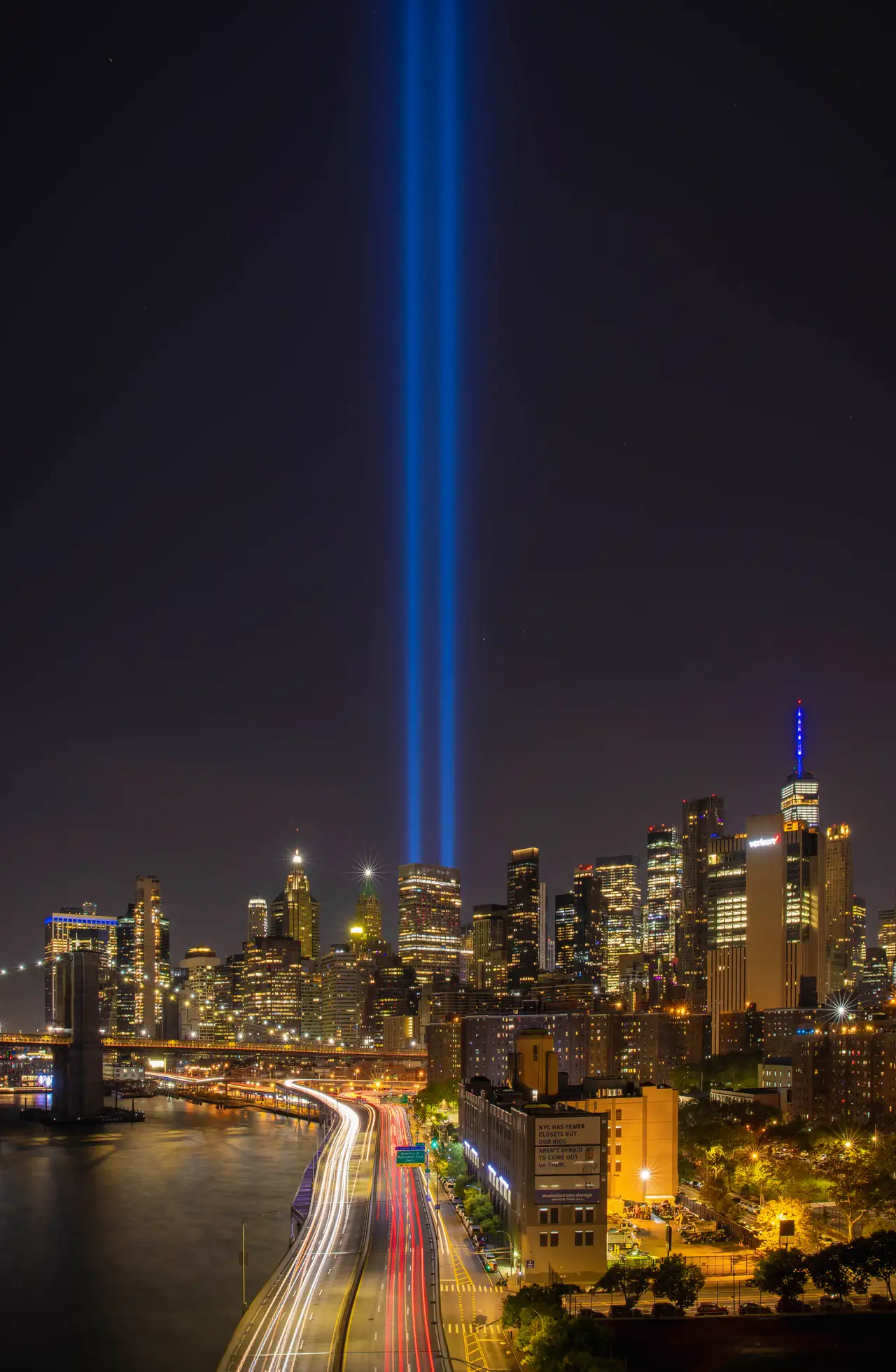 Fine-art photograph, “9/11 Tribute Lights Above Lower Manhattan, Midnight Current - 9.11RFIV3405.JPG,” from the New York City collection.