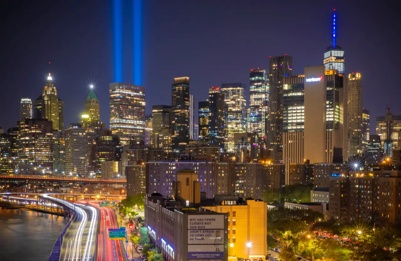 Fine-art photograph, “9/11 Tribute Lights Above Downtown Brooklyn - 9.11RFIV3407.JPG,” from the New York City collection.
