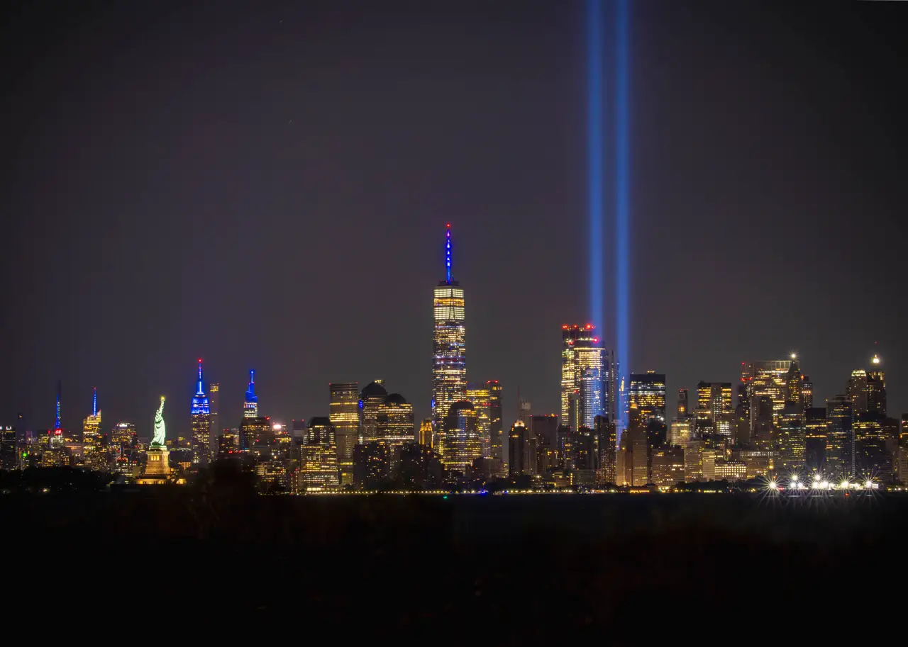 Fine-art photograph, “9/11 Tribute Lights Across the East River, City Signal - 9.11RFIV3415.JPG,” from the New York City collection.