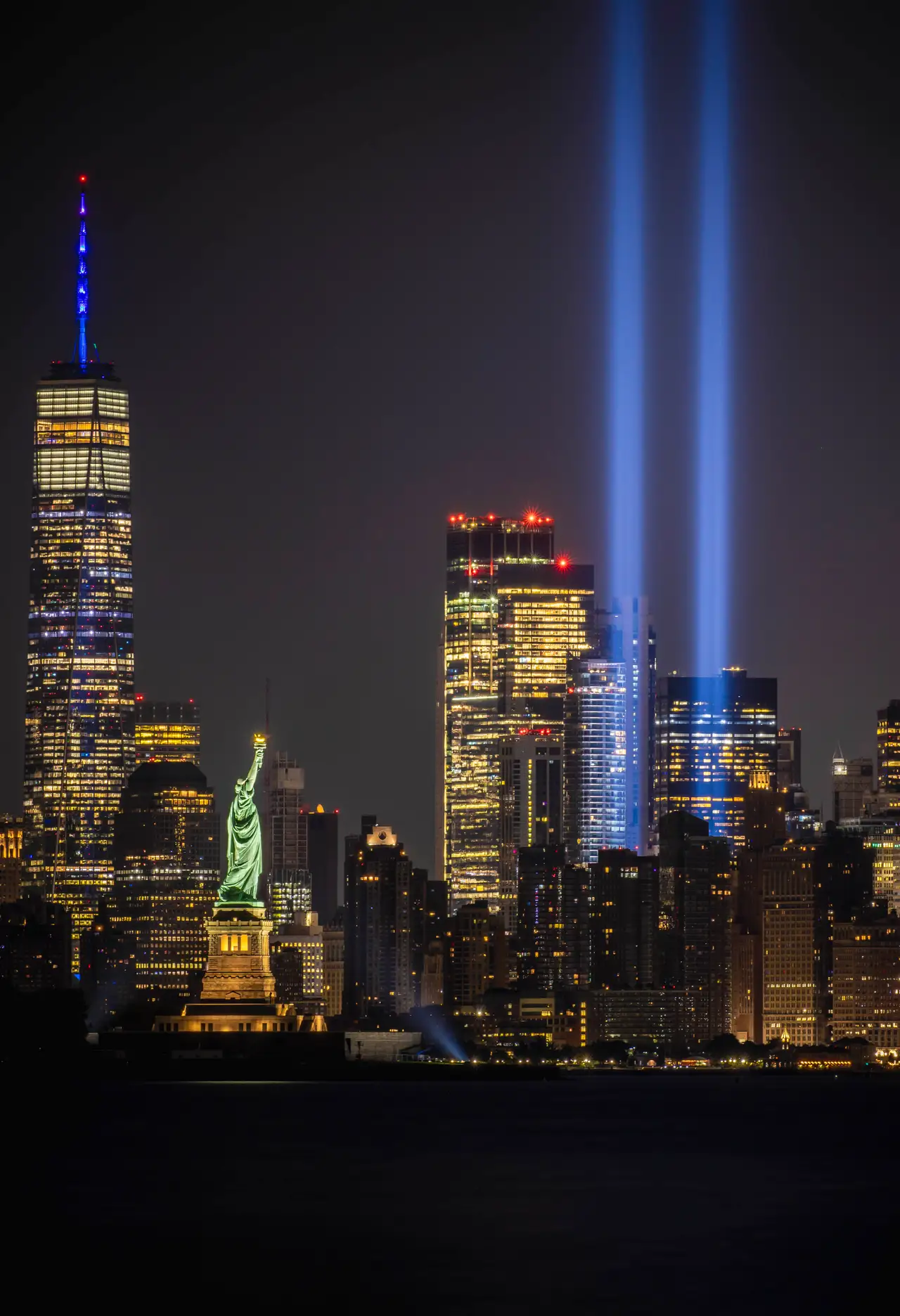 Fine-art photograph, “Statue of Liberty and 9/11 Tribute Lights, Harbor Light - 9.11RFIV3436.JPG,” from the New York City collection.