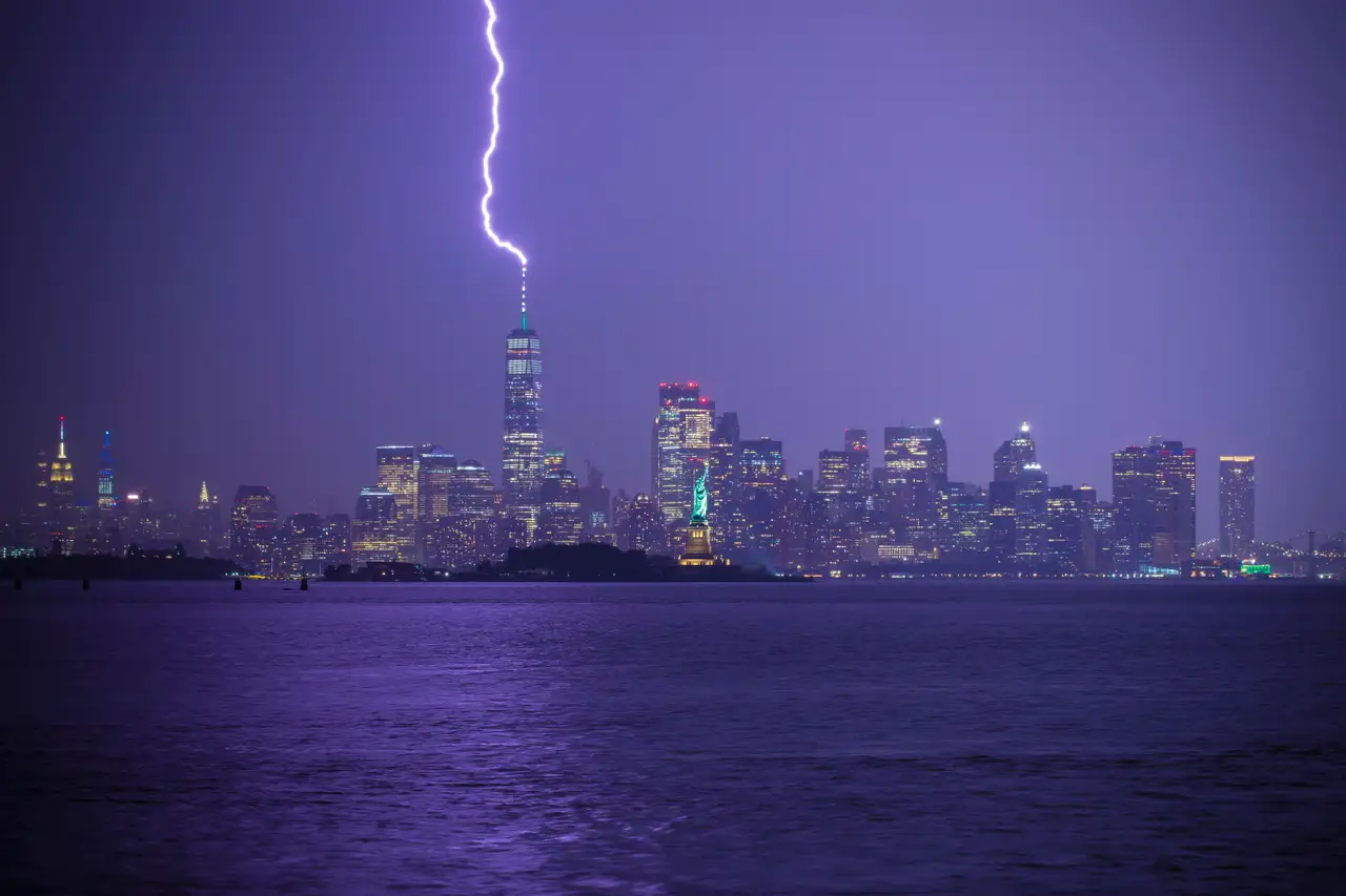 Fine-art photograph, “Lightning Over Lower Manhattan Skyline - 5DM46225.JPG,” from the New York City collection.