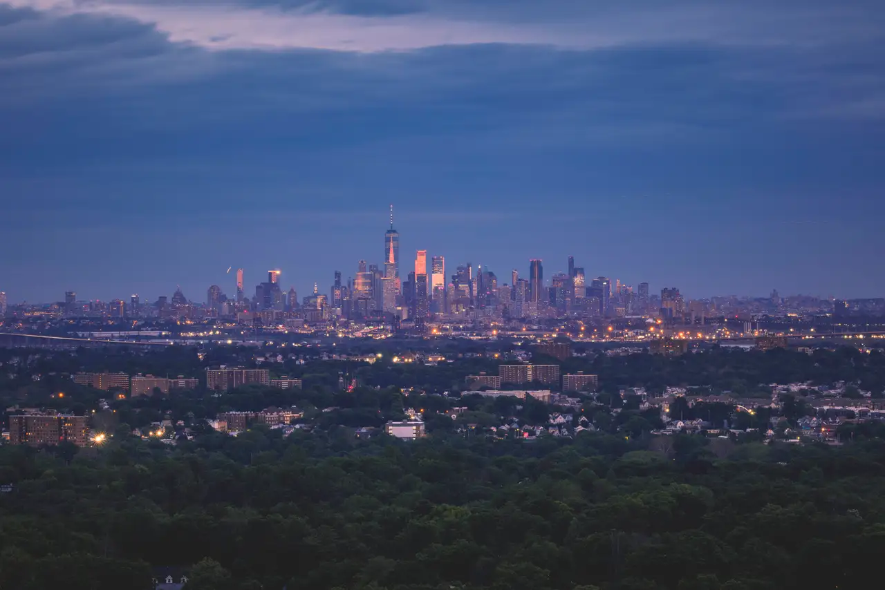 Fine-art photograph, “Midtown Manhattan Skyline Beyond Central Park in Pink Evening Light - RFIV9645.JPG,” from the New York City collection.