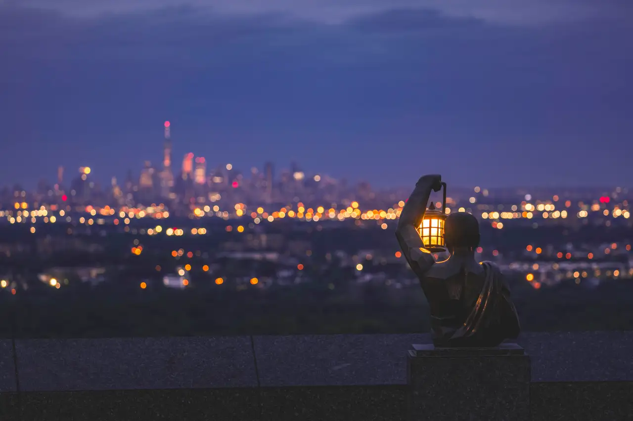 Fine-art photograph, “New York City Overlook Lamp Sculpture at Dusk - RFIV9652.JPG,” from the New York City collection.