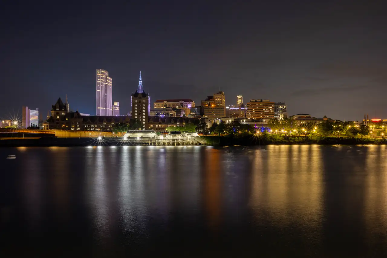 Fine-art photograph, “Albany Skyline Reflections at Night - _FIV4867.JPG,” from the New York State collection.