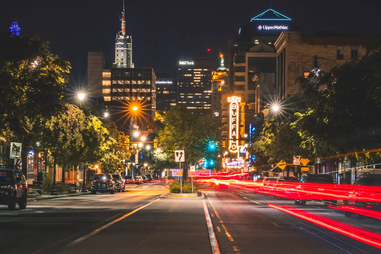 Fine-art photograph, “Buffalo Downtown Street Light Trails at Night - _FIV5647.JPG,” from the New York State collection.
