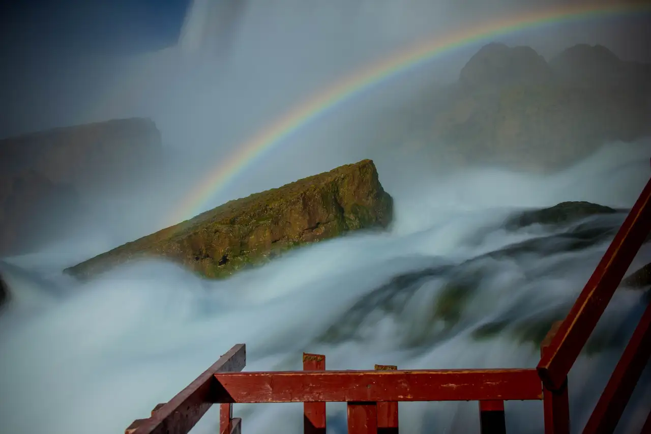Fine-art photograph, “Niagara Falls Rainbow and Red Railing - _FIV5494.JPG,” from the New York State collection.