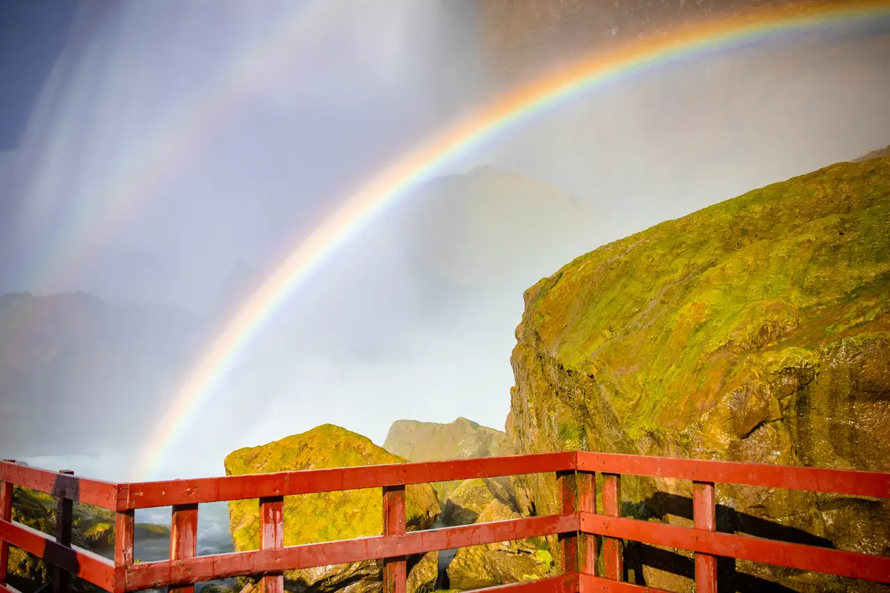 Fine-art photograph, “Niagara Falls Rainbow Beyond the Railing - _FIV5507.JPG,” from the New York State collection.