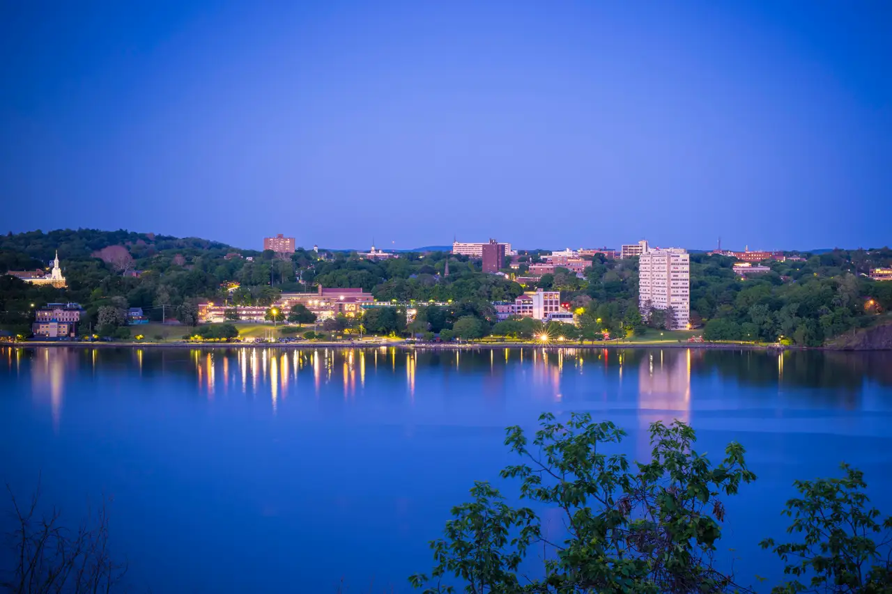 Fine-art photograph, “Poughkeepsie Waterfront Reflections at Blue Hour - RFIV8791.JPG,” from the New York State collection.