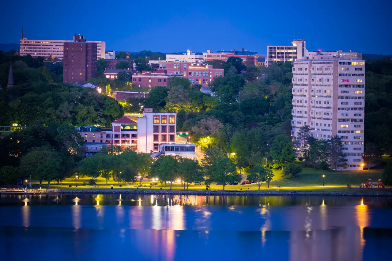 Fine-art photograph, “Poughkeepsie Waterfront Reflections at Night - RFIV8795.JPG,” from the New York State collection.