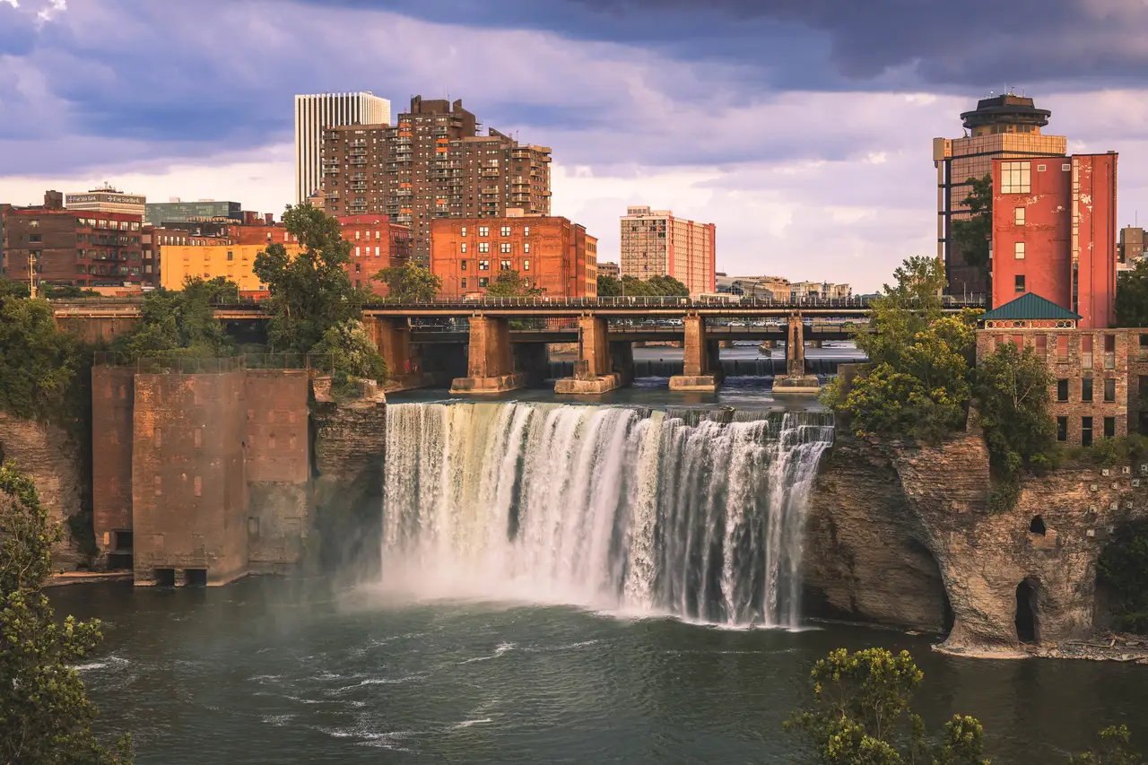 Fine-art photograph, “Rochester High Falls and Downtown Skyline, Earth and Sky - _FIV5157.JPG,” from the New York State collection.
