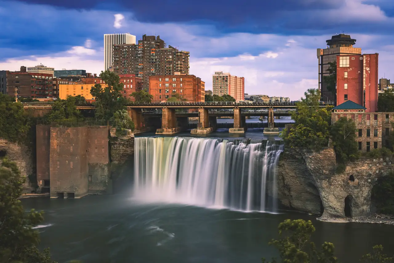 Fine-art photograph, “Rochester High Falls in Evening Light - _FIV5159.JPG,” from the New York State collection.