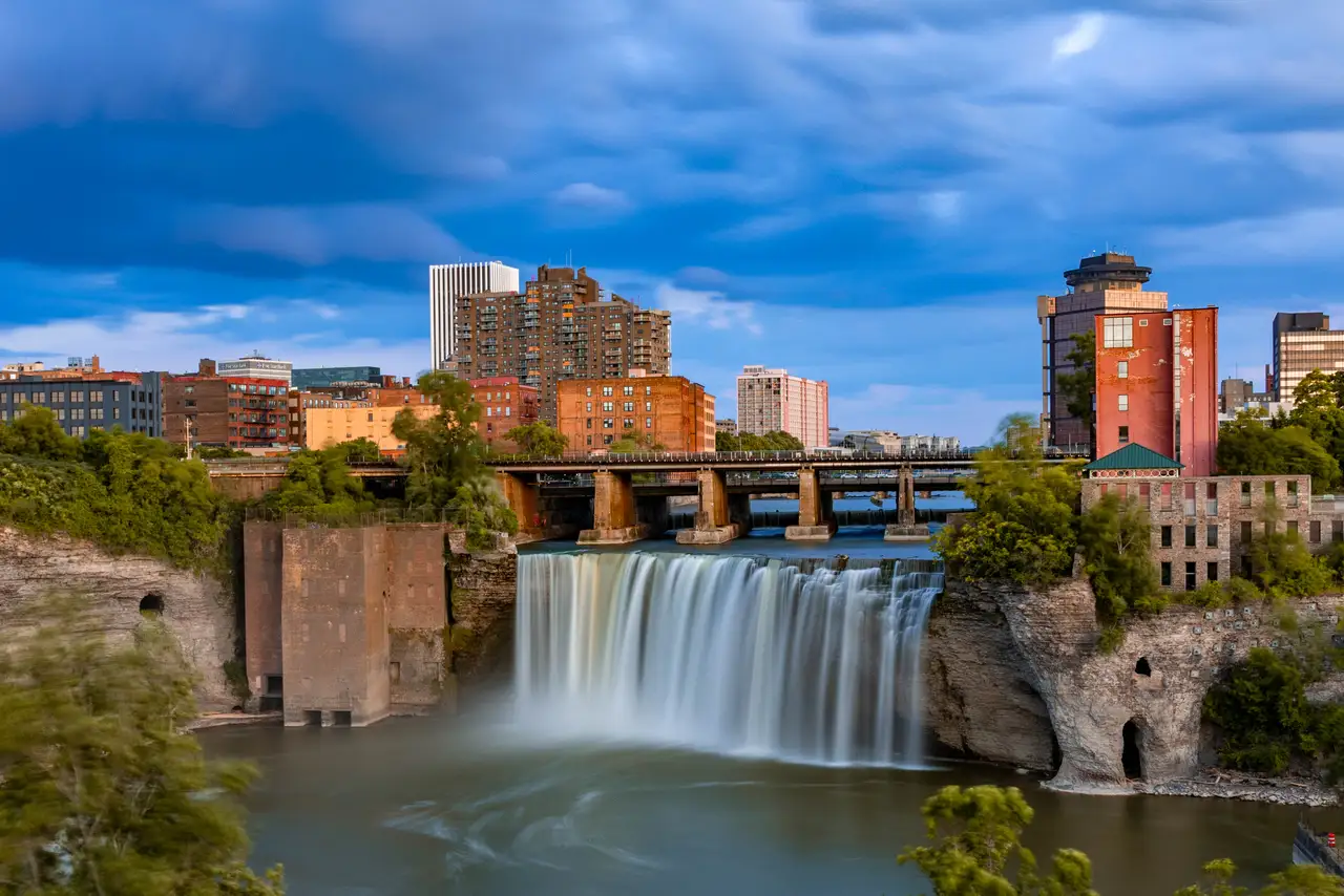 Fine-art photograph, “Rochester High Falls Beneath Storm Clouds - _FIV5164.JPG,” from the New York State collection.