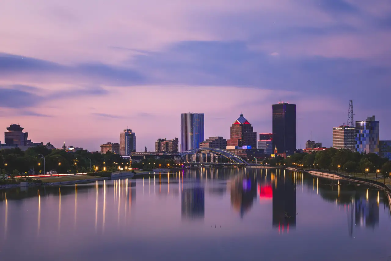 Fine-art photograph, “Rochester Skyline Reflections at Blue Hour, Clear Break - _FIV5184.JPG,” from the New York State collection.