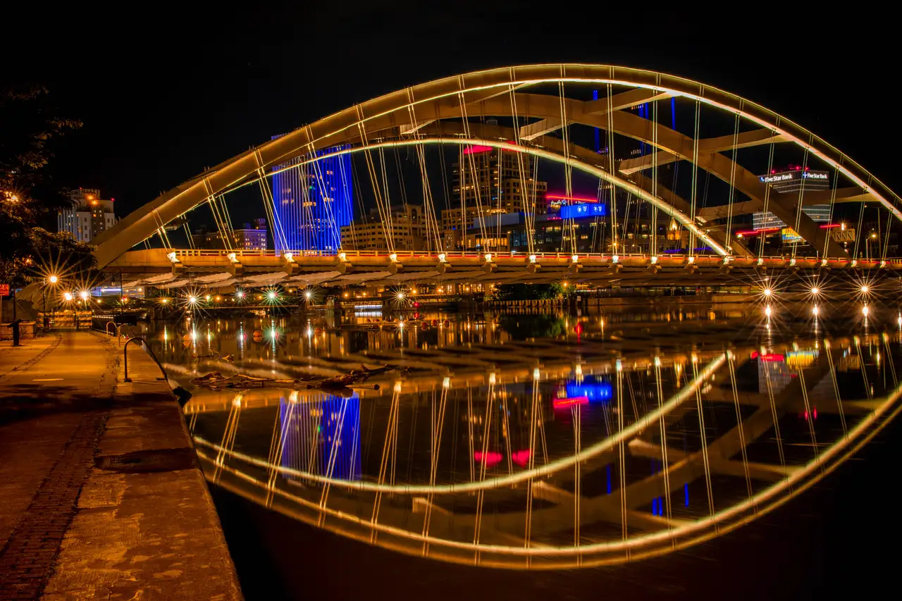 Fine-art photograph, “Rochester Skyline and Bridge at Night - _FIV5226.JPG,” from the New York State collection.
