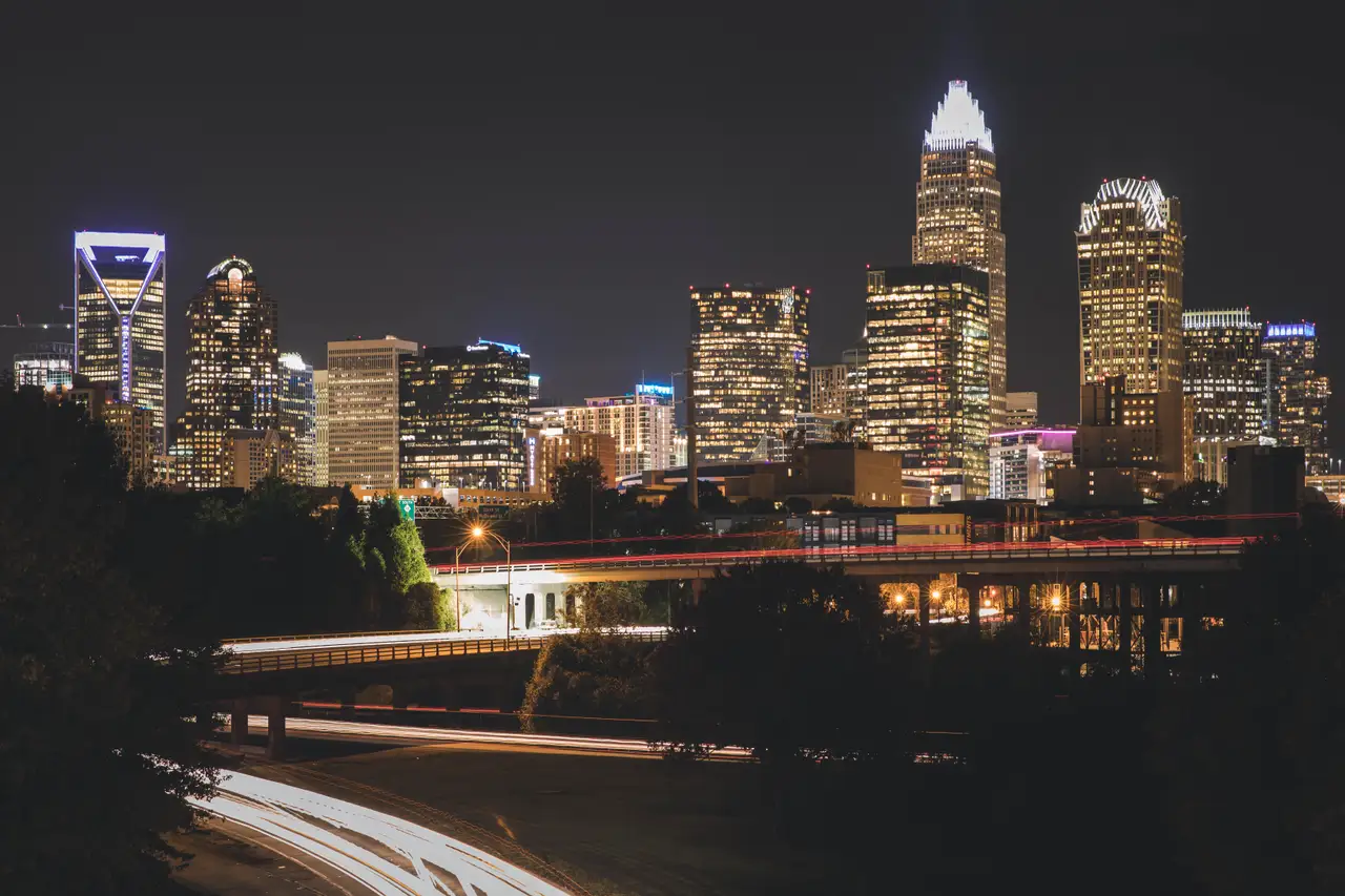 Fine-art photograph, “Charlotte Skyline Across the Freeway at Night - 5DM41883.JPG,” from the North Carolina - Charlotte collection.