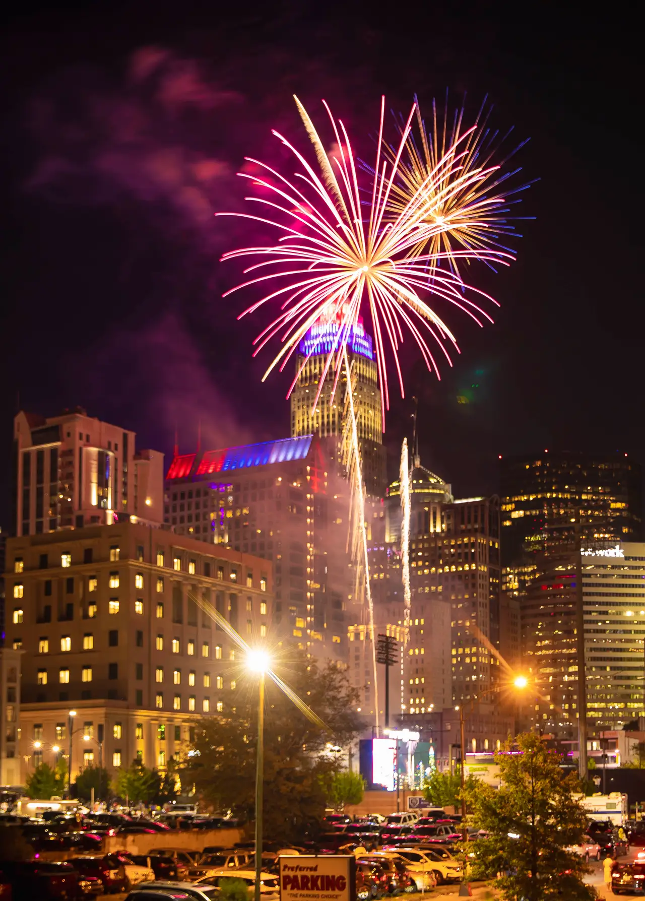 Fine-art photograph, “Charlotte Fireworks Over Uptown, Concrete and Sky - 5DM45817.JPG,” from the North Carolina - Charlotte collection.