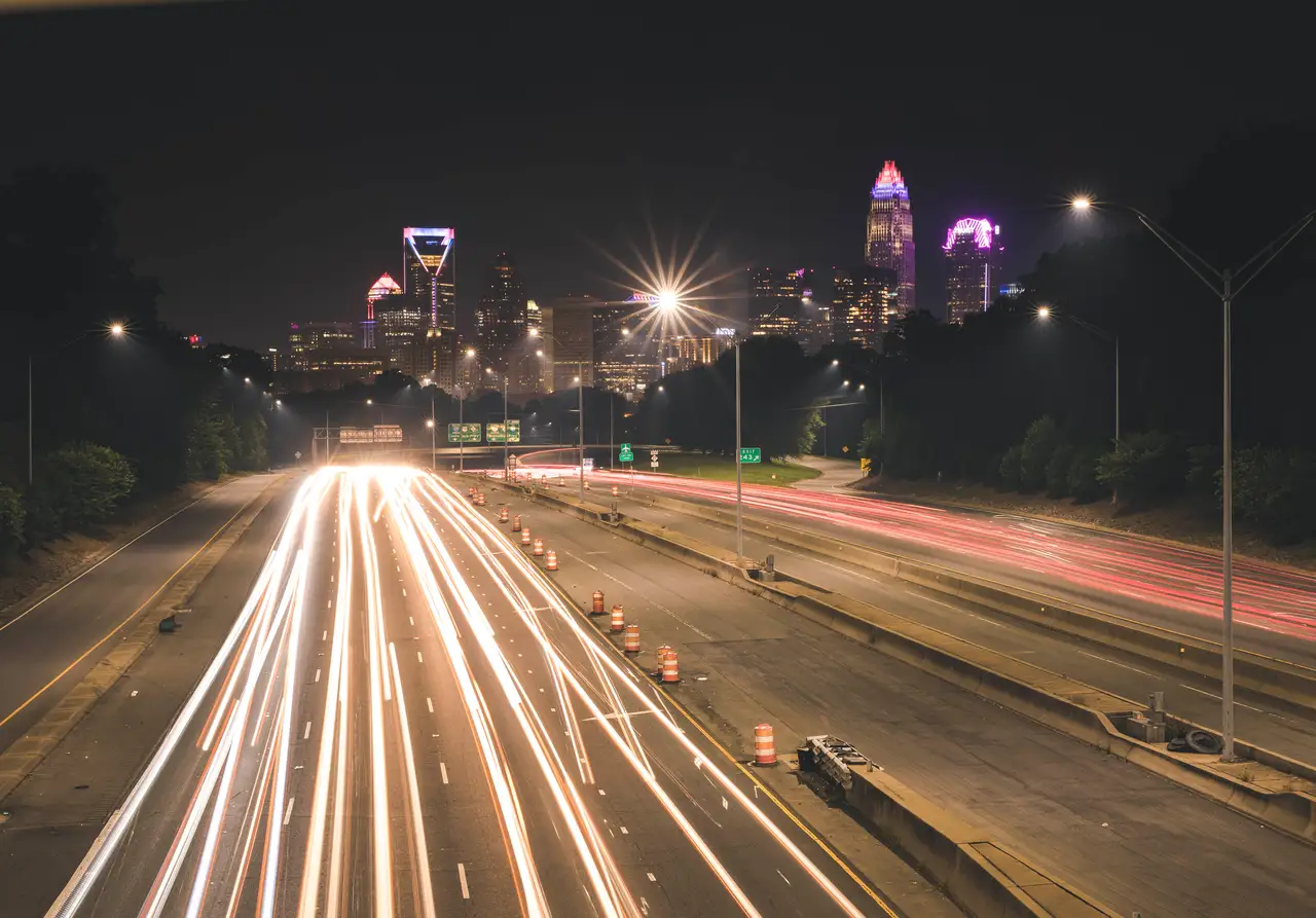 Fine-art photograph, “Charlotte Freeway Light Trails Toward Uptown, Midnight Current - 5DM46110.JPG,” from the North Carolina - Charlotte collection.
