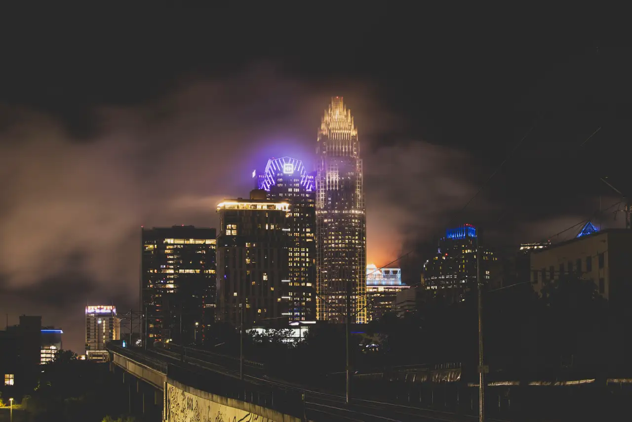 Fine-art photograph, “Uptown Charlotte at Night, Concrete and Sky - _FIV2994.JPG,” from the North Carolina - Charlotte collection.