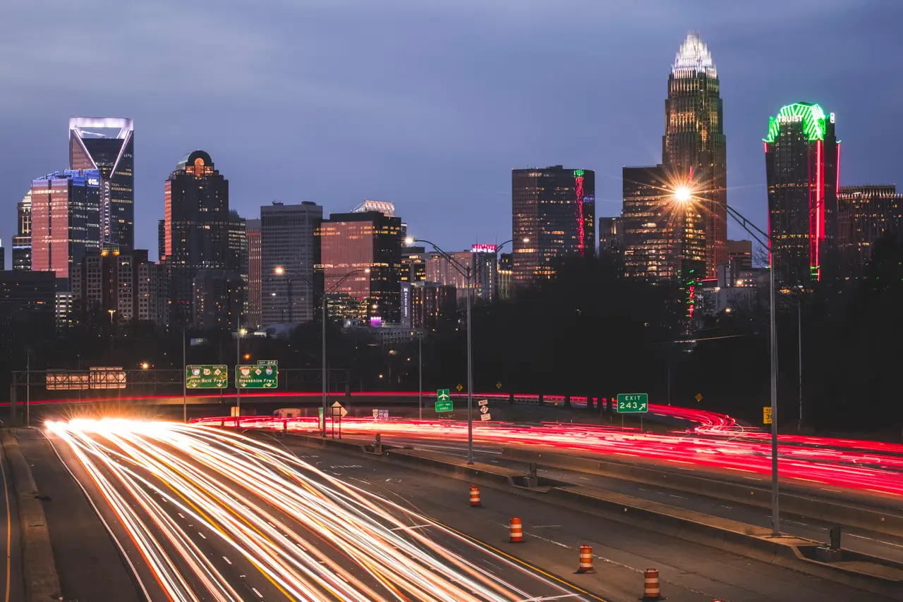Fine-art photograph, “Charlotte Skyline and Light Trails, Steel and Water - _FIV8574.JPG,” from the North Carolina - Charlotte collection.