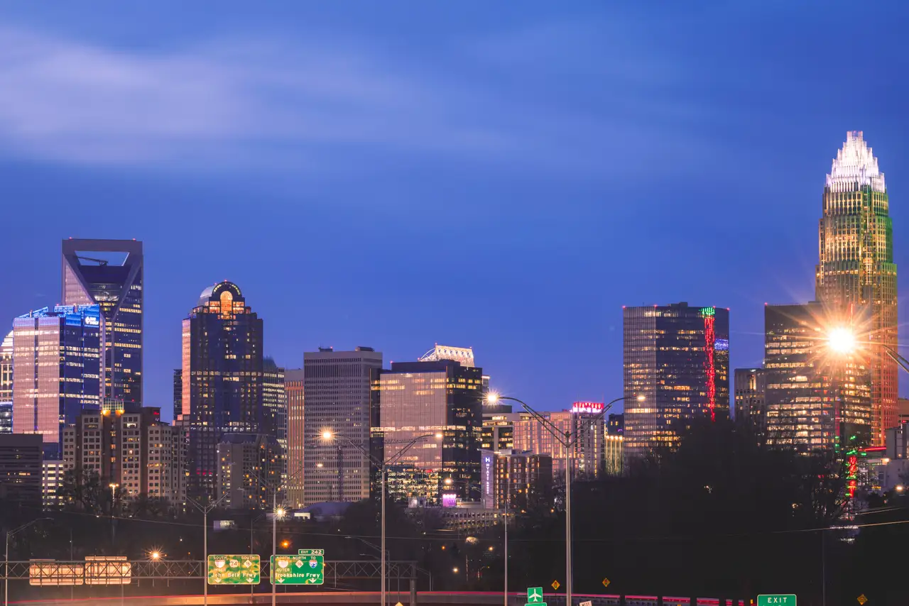 Fine-art photograph, “Charlotte Skyline and Light Trails, Dawn Traffic - _FIV8577.JPG,” from the North Carolina - Charlotte collection.