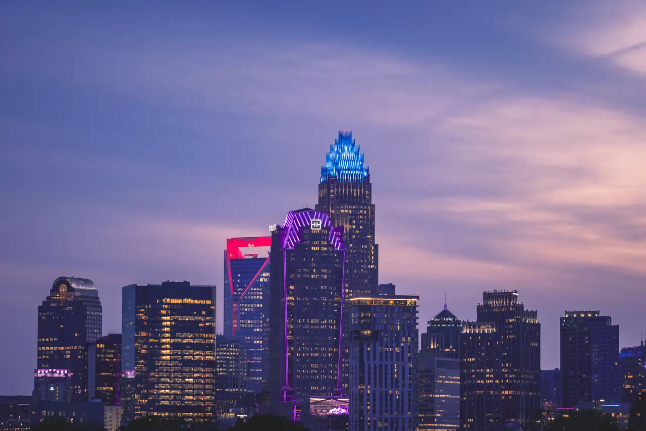 Fine-art photograph, “Charlotte Skyline and Light Trails, Steel and Water - _FIV9402.JPG,” from the North Carolina - Charlotte collection.