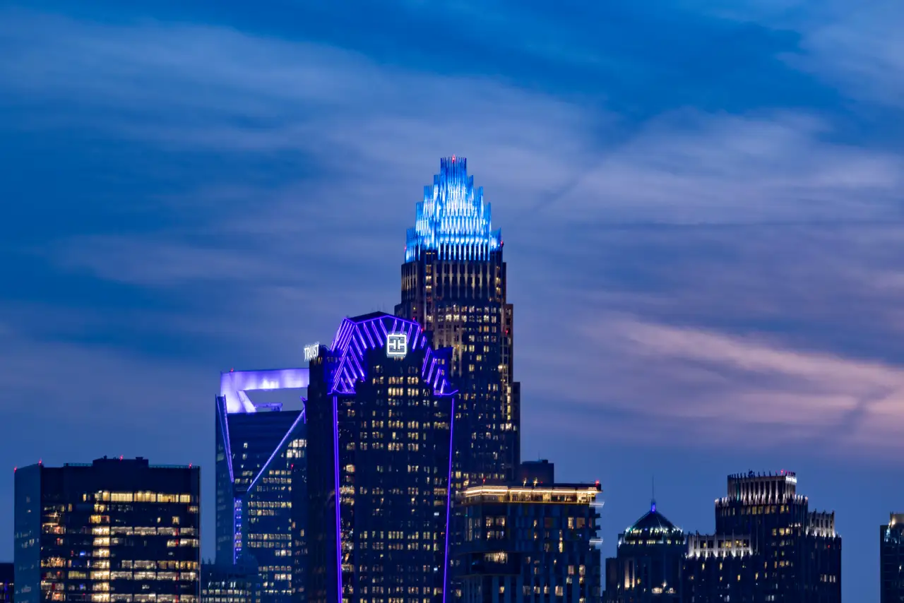 Fine-art photograph, “Charlotte Skyline and Light Trails, After the Rush - _FIV9426.JPG,” from the North Carolina - Charlotte collection.