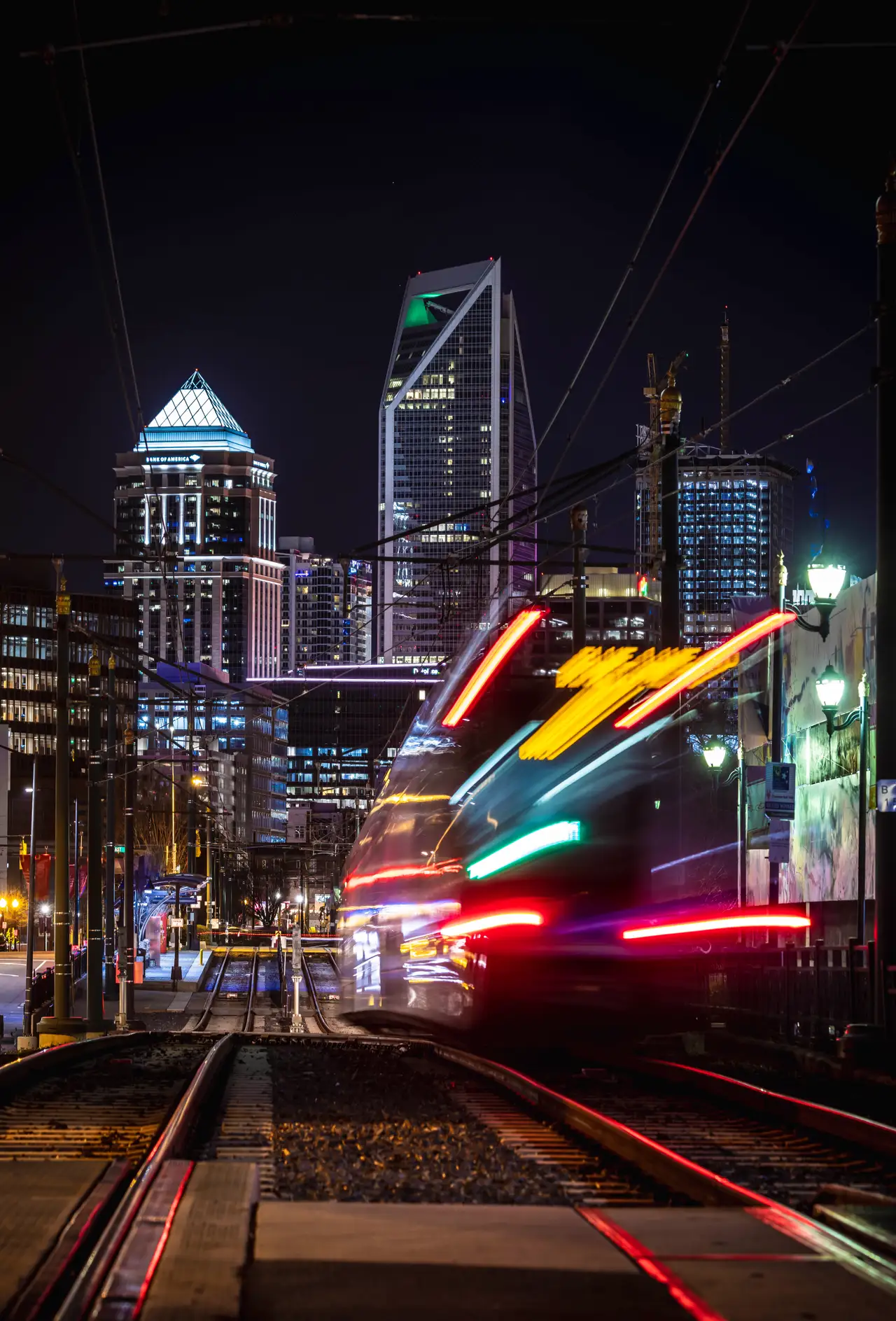 Fine-art photograph, “Charlotte Light Rail and Uptown Light Trails, Urban Weather - RFIV4322.JPG,” from the North Carolina - Charlotte collection.