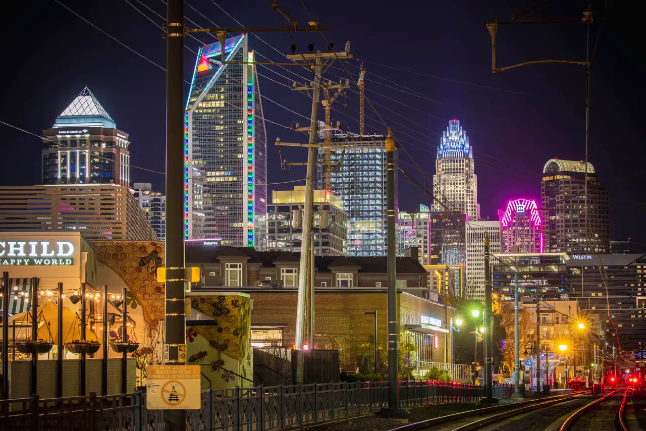 Fine-art photograph, “Charlotte Light Rail Through Uptown at Night - RFIV4328.JPG,” from the North Carolina - Charlotte collection.