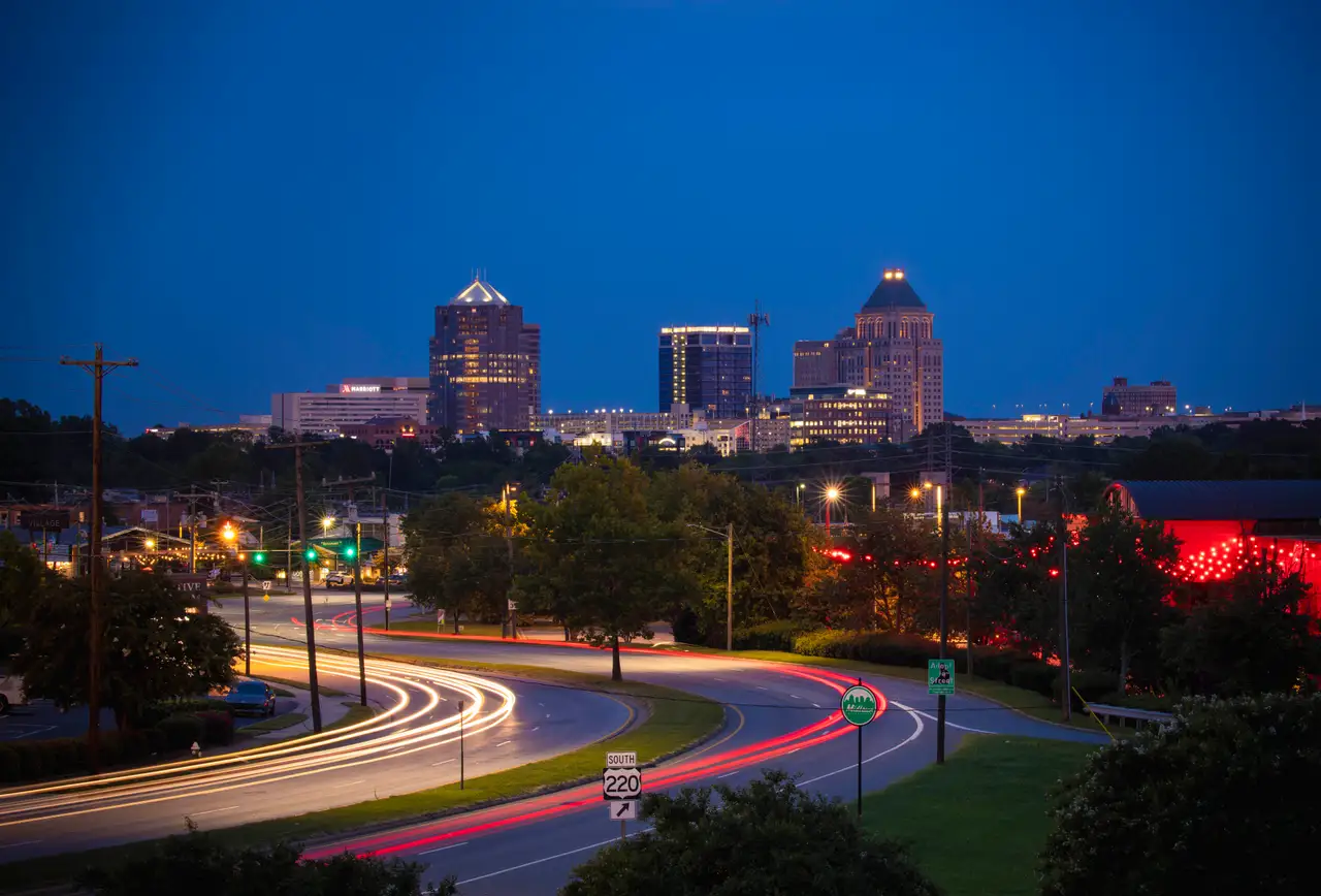 Fine-art photograph, “Greensboro Night Light Trails, Clear Break - RFIV9498.JPG,” from the North Carolina collection.
