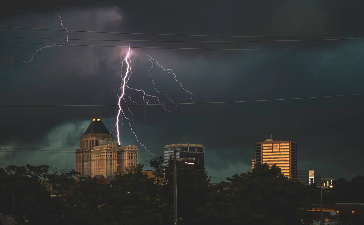 Fine-art photograph, “Greensboro Skyline Lightning, Weathered Light - RFIV9532.JPG,” from the North Carolina collection.