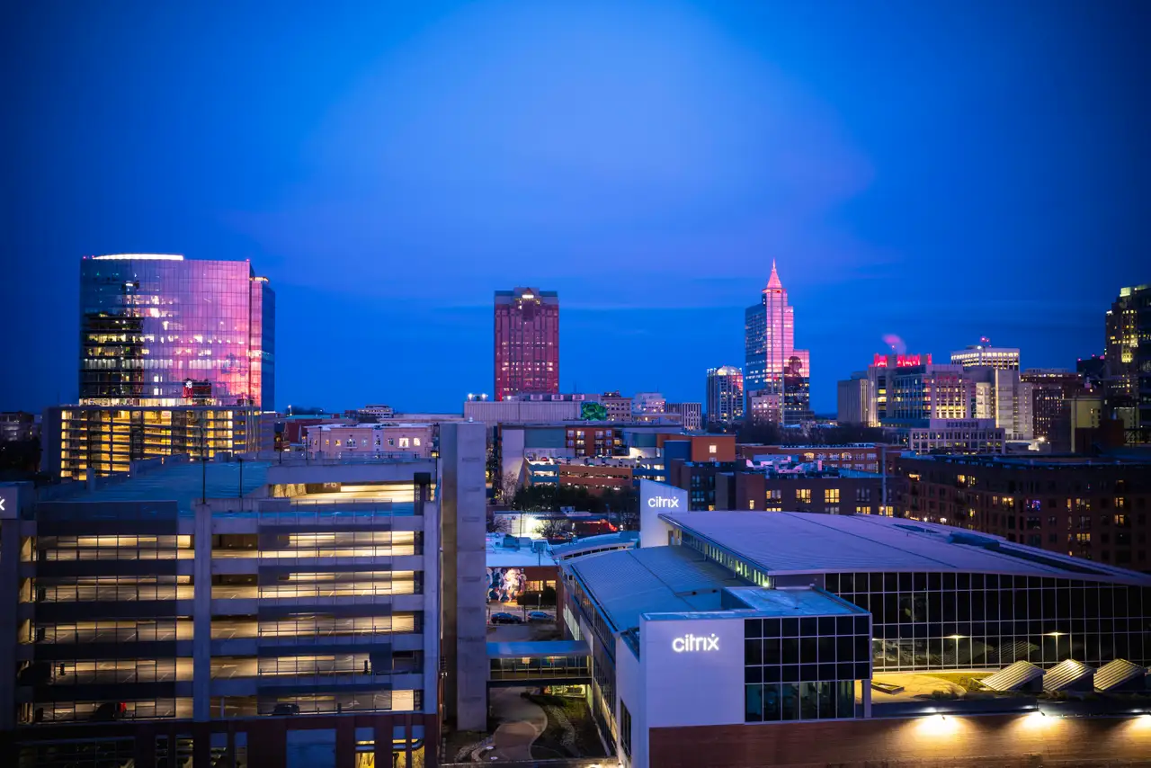 Fine-art photograph, “Raleigh Skyline at Blue Hour, Blue Silence - RFIV5974.JPG,” from the North Carolina collection.