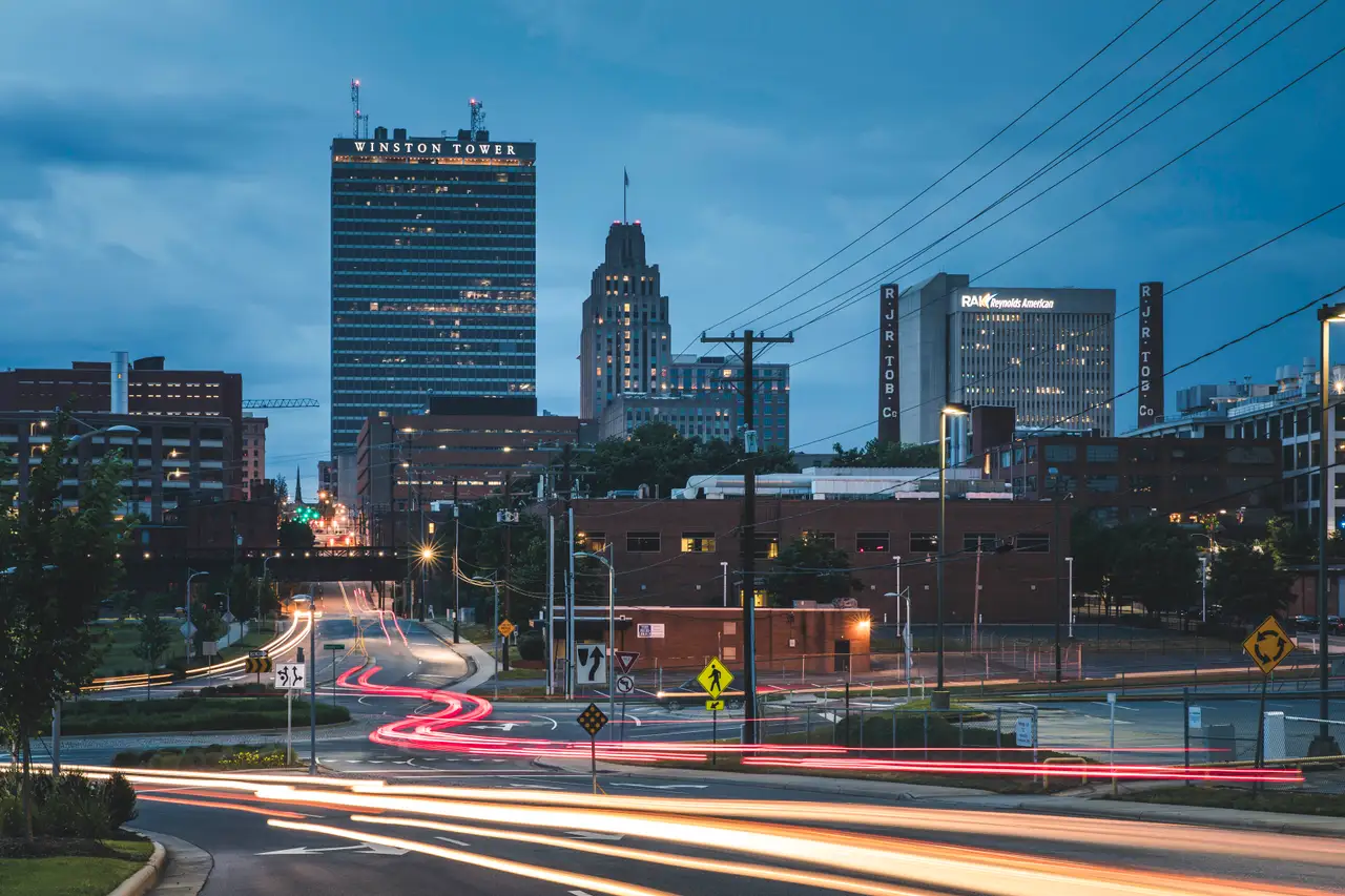 Fine-art photograph, “Winston-Salem Skyline Light Trails, Blue Silence - 5DM43393.JPG,” from the North Carolina collection.