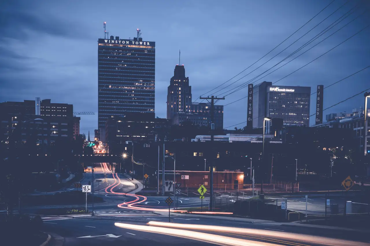 Fine-art photograph, “Winston-Salem Skyline at Blue Hour, First Color - 5DM43395.JPG,” from the North Carolina collection.