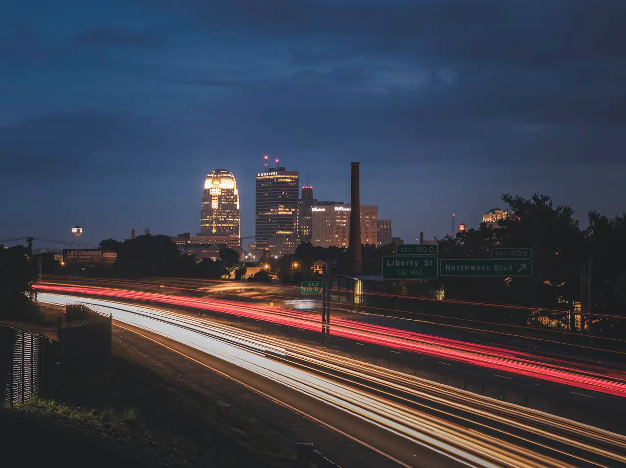 Fine-art photograph, “Winston-Salem Skyline Light Trails, Coastal Stillness - 5DM43397.JPG,” from the North Carolina collection.