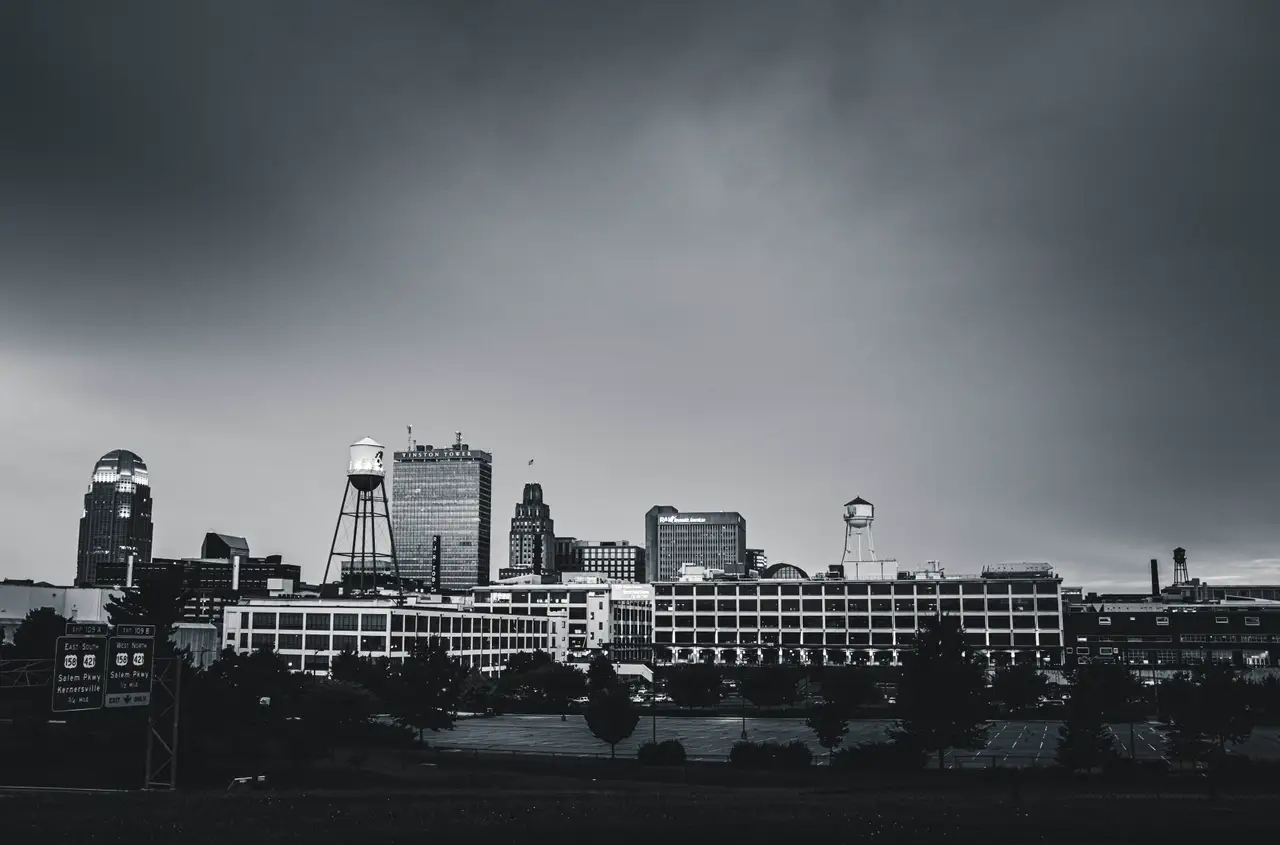 Fine-art photograph, “Winston-Salem Skyline in Black and White - RFIV9786.JPG,” from the North Carolina collection.
