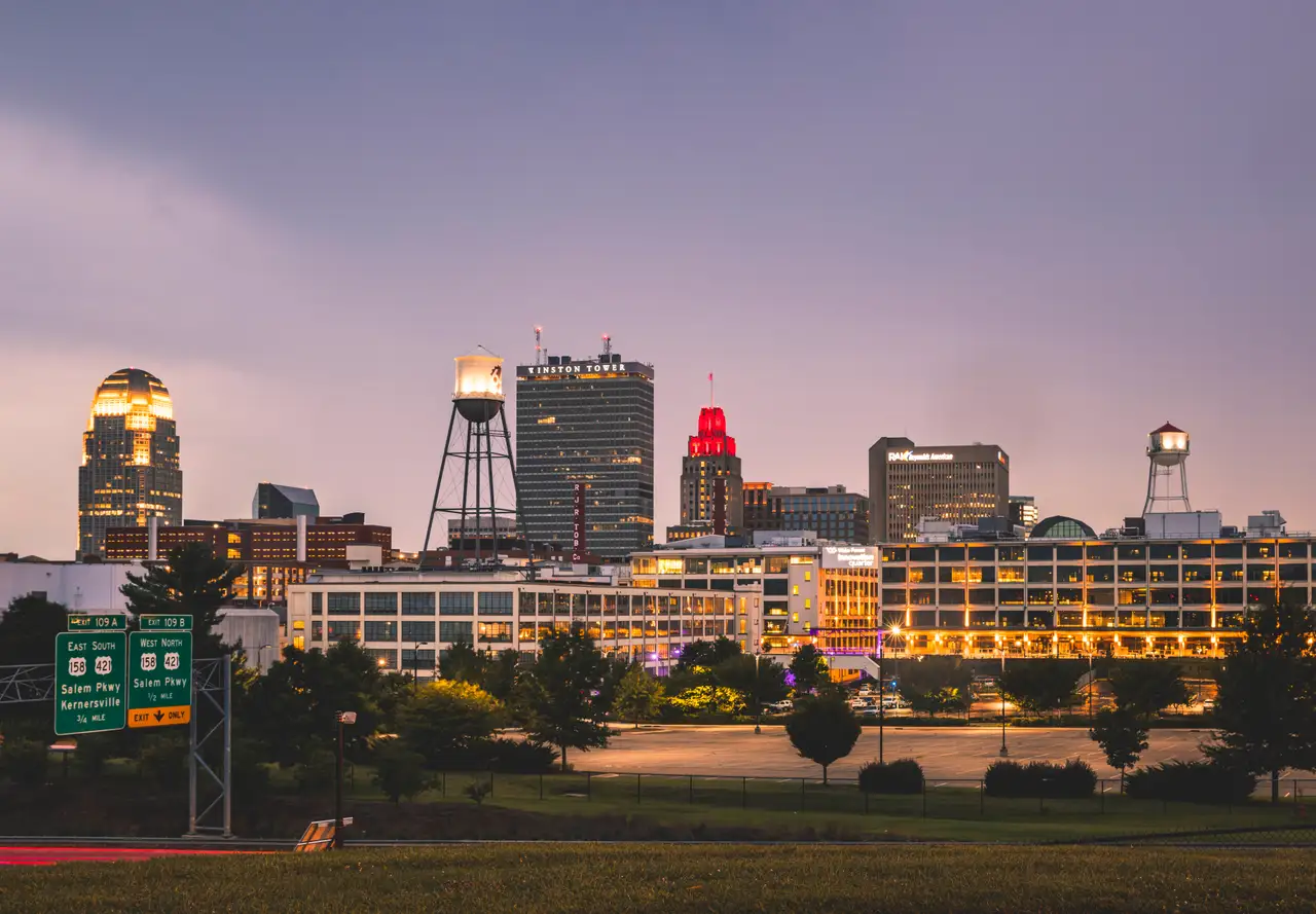 Fine-art photograph, “Winston-Salem Skyline at Blue Hour, First Color - RFIV9800.JPG,” from the North Carolina collection.