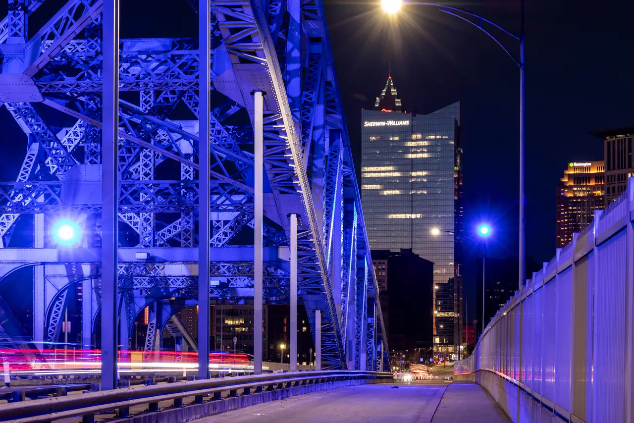 Fine-art photograph, “Cleveland Skyline and Bridge Light Trails - 5M2A1460.JPG,” from the Ohio collection.