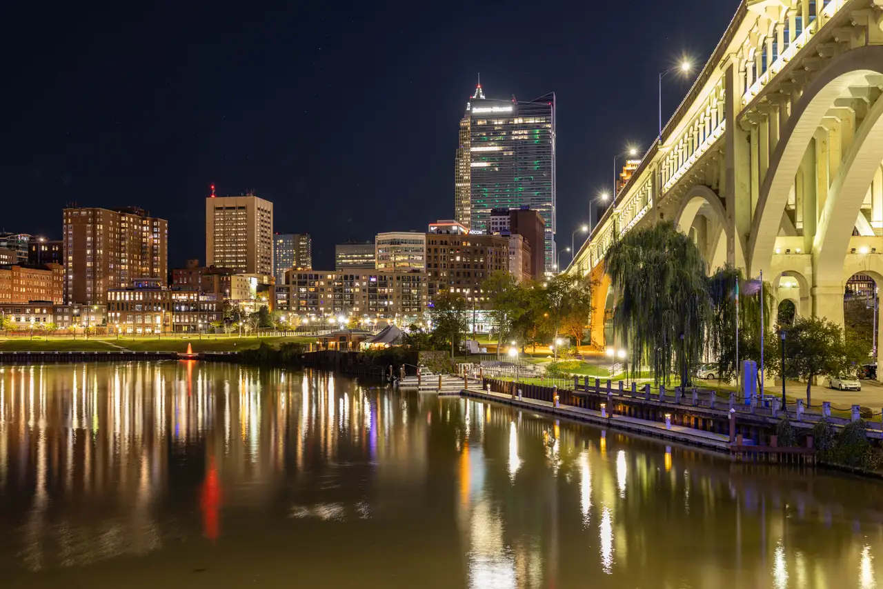 Fine-art photograph, “Cleveland Skyline Along the Cuyahoga River - 5M2A1466.JPG,” from the Ohio collection.