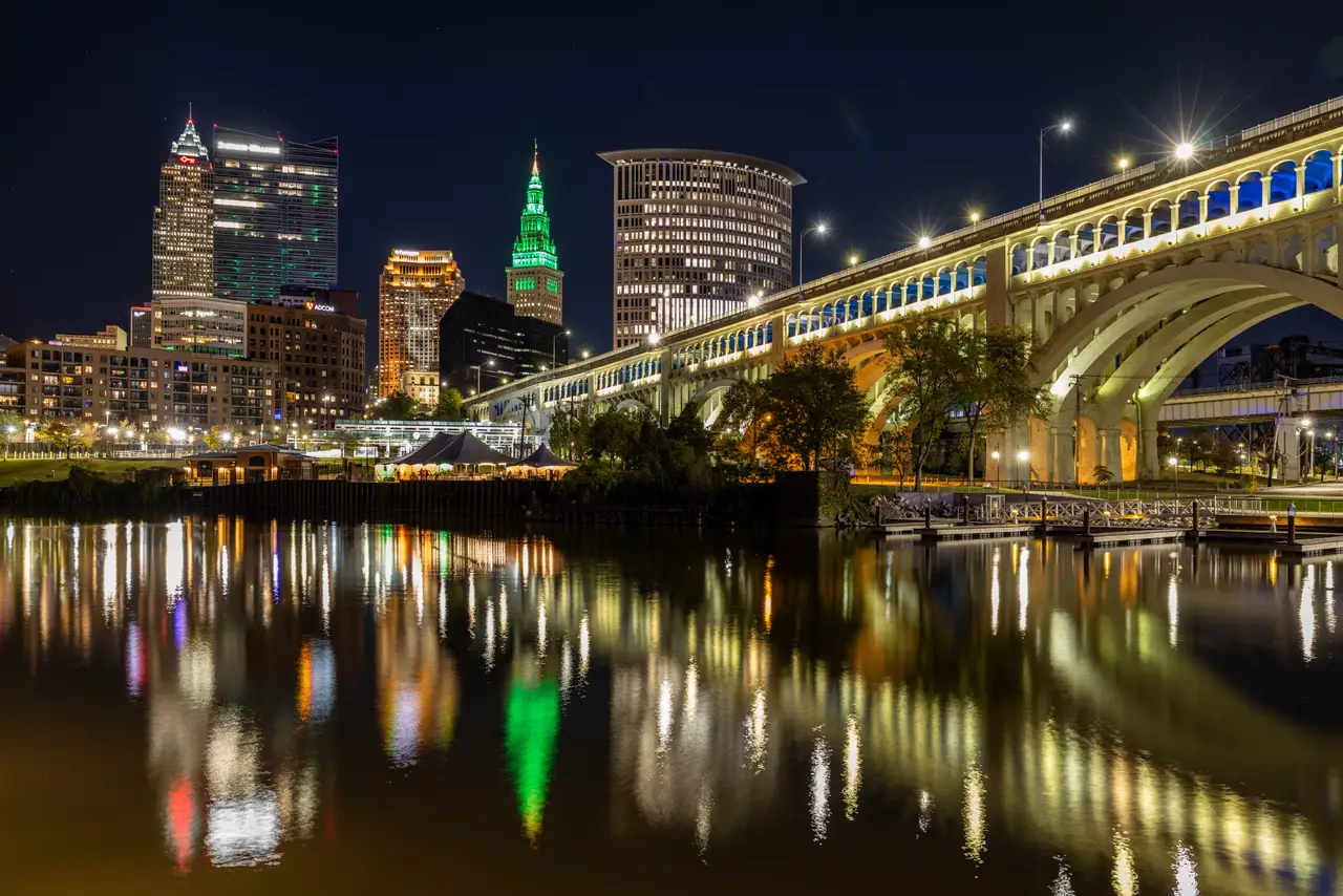 Fine-art photograph, “Cleveland Bridge and Skyline Reflections - 5M2A1474.JPG,” from the Ohio collection.