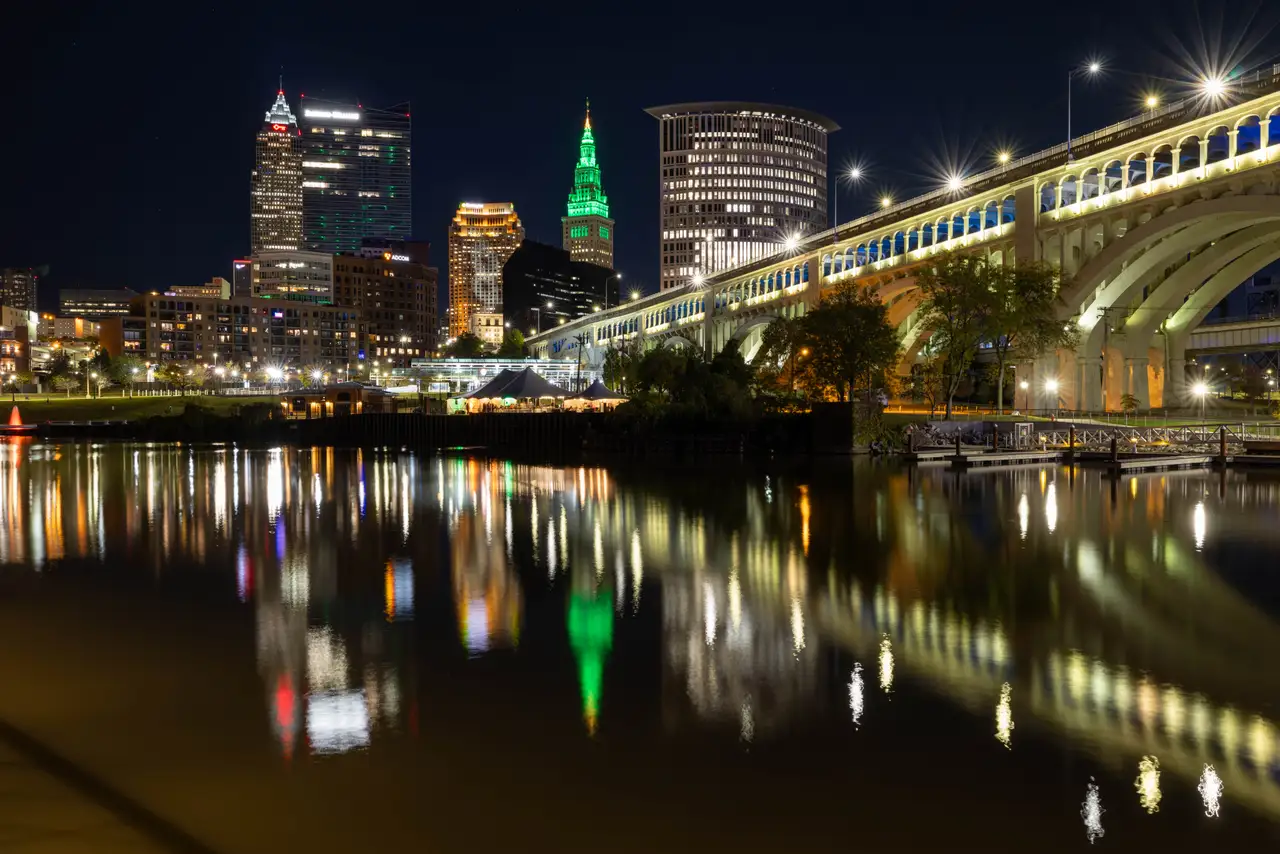 Fine-art photograph, “Cleveland Skyline and Cuyahoga River Lights - 5M2A1486.JPG,” from the Ohio collection.