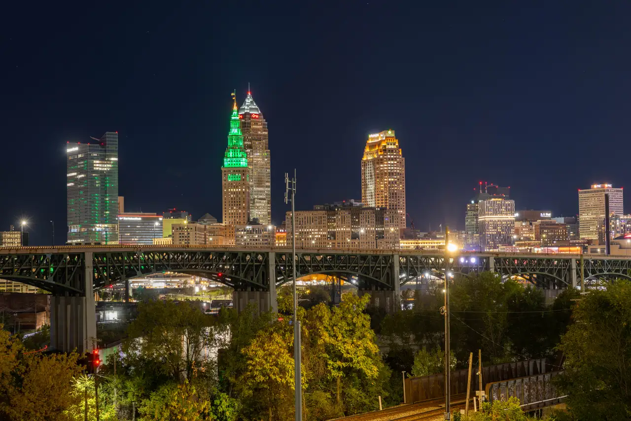 Fine-art photograph, “Cleveland Skyline and River Bridge at Night - 5M2A1505.JPG,” from the Ohio collection.