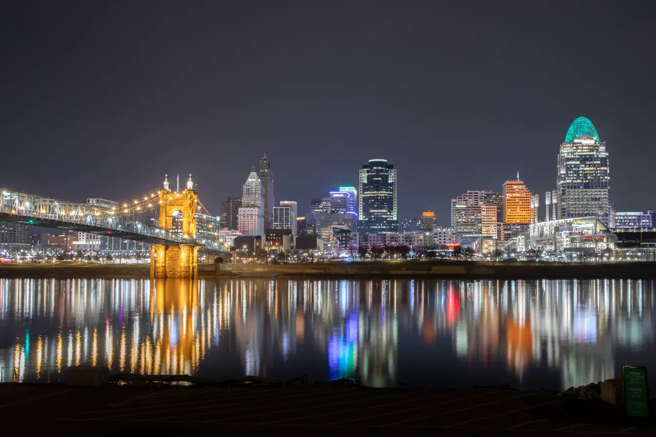 Fine-art photograph, “Cincinnati Skyline and River Reflections at Night - 5DM41958.JPG,” from the Ohio collection.