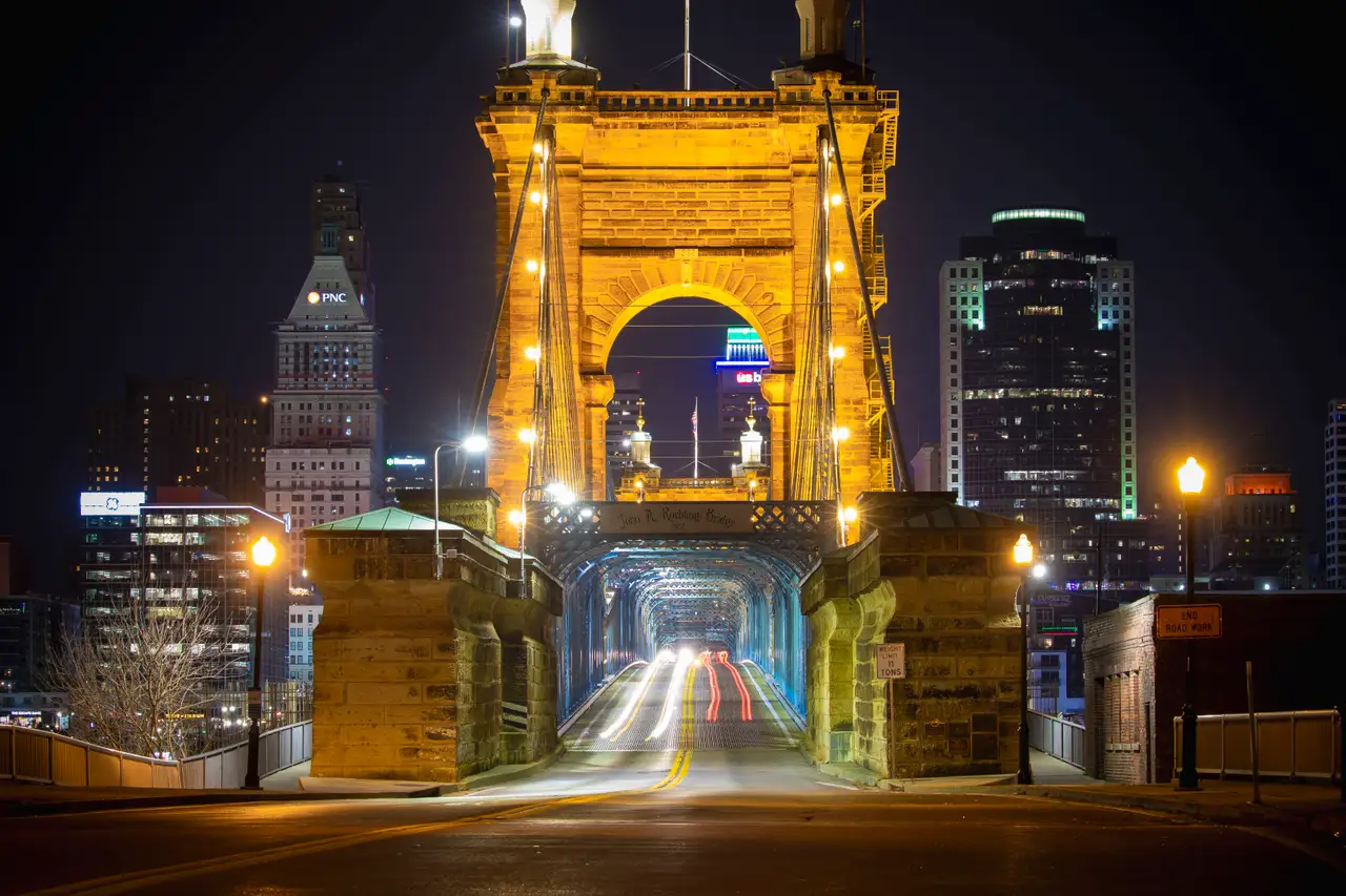Fine-art photograph, “Roebling Suspension Bridge at Night, Glass Horizon - 5DM41966.JPG,” from the Ohio collection.