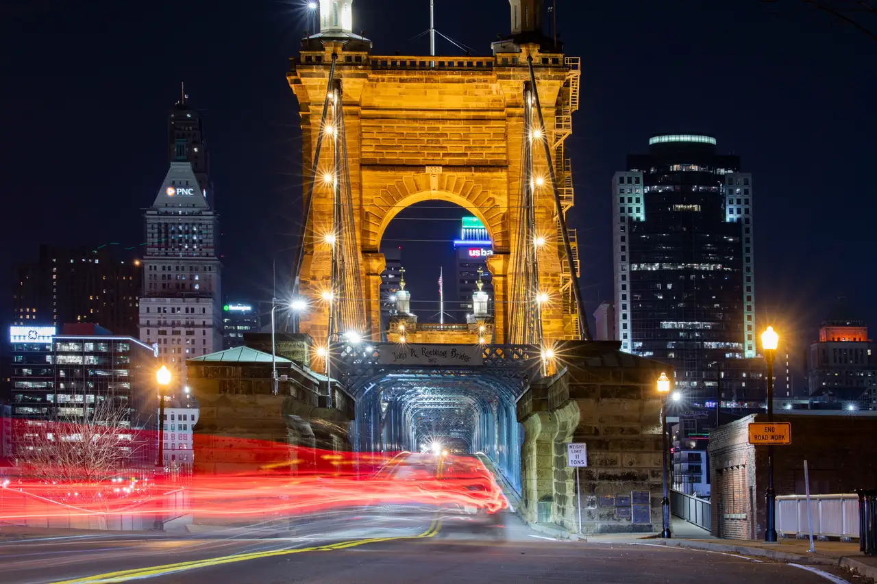 Fine-art photograph, “Roebling Suspension Bridge at Night, Urban Weather - 5DM41971.JPG,” from the Ohio collection.