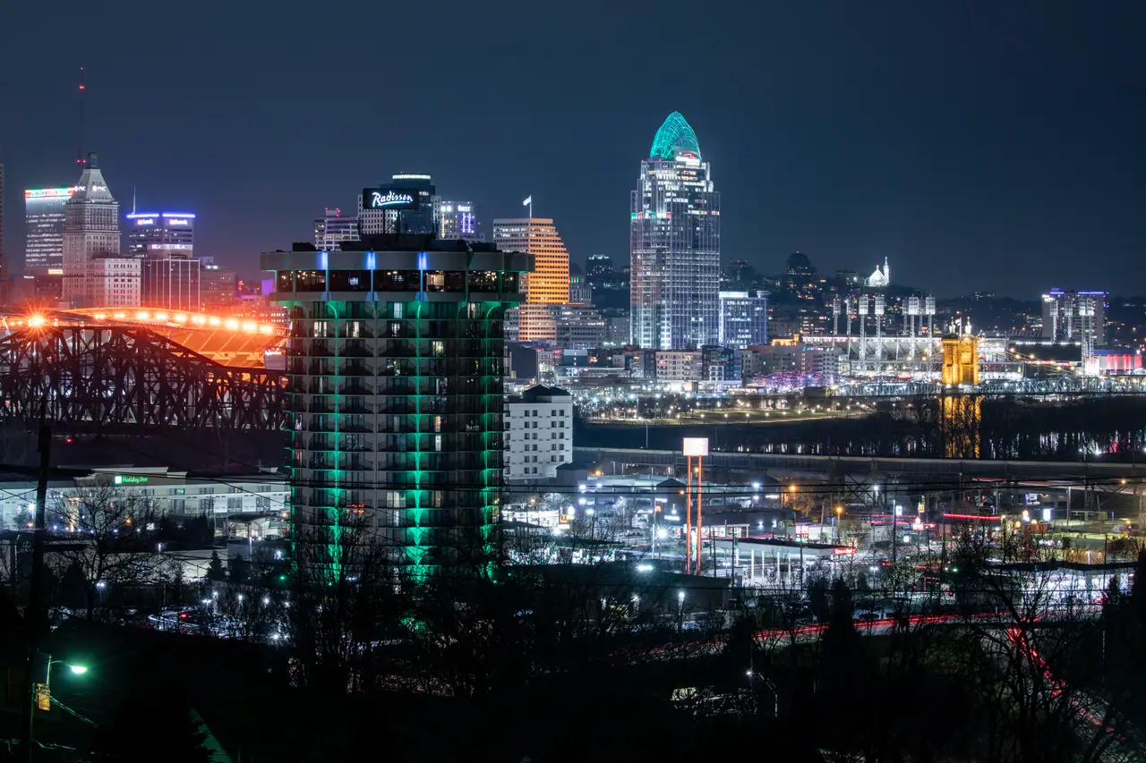 Fine-art photograph, “Cincinnati Skyline with Great American Tower and Light Trails - 5DM41972.JPG,” from the Ohio collection.