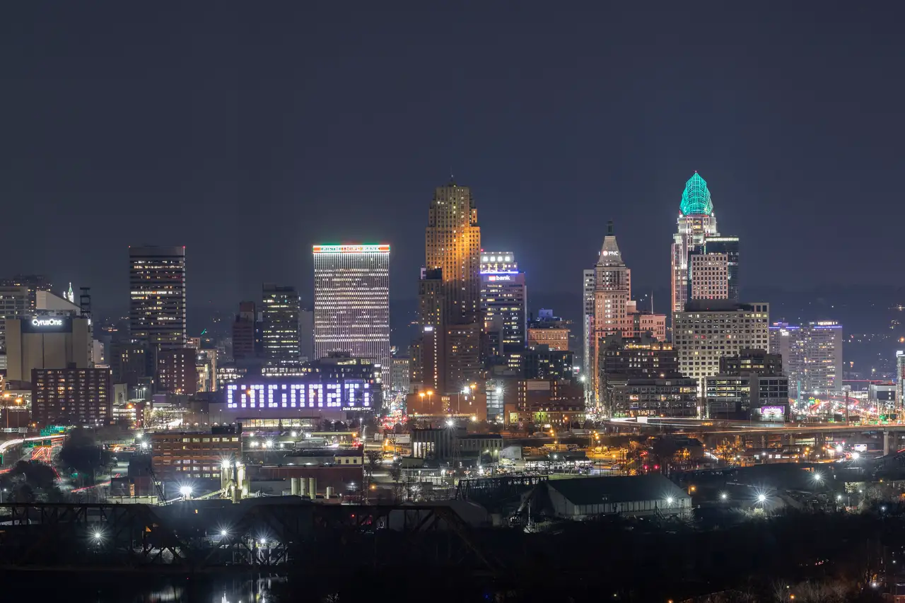 Fine-art photograph, “Cincinnati Skyline with Great American Tower and River Bridges - 5DM41978.JPG,” from the Ohio collection.